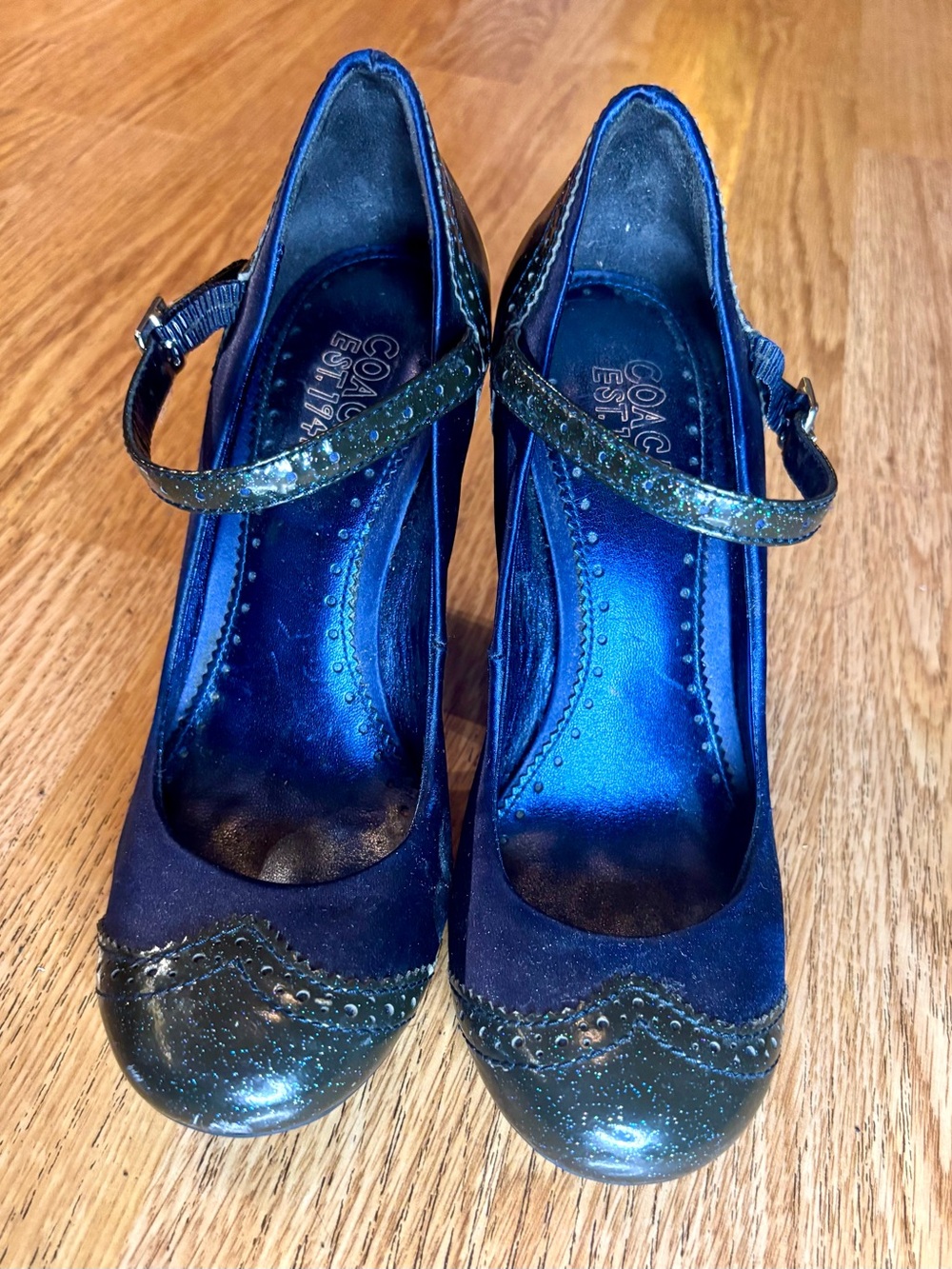 Coach Navy Satin Mary Jane Heels with Black Glitter Detail